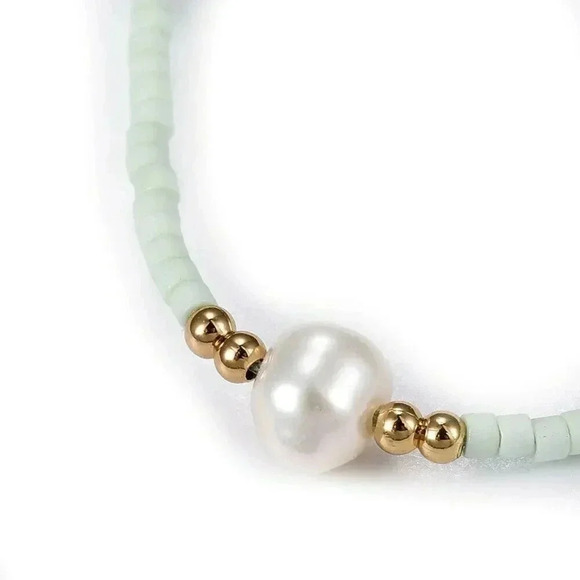 Hand Crafted Real Freshwater Pearl Pale Mint Green Japanese Glass Beads Bracelet - Picture 1 of 3